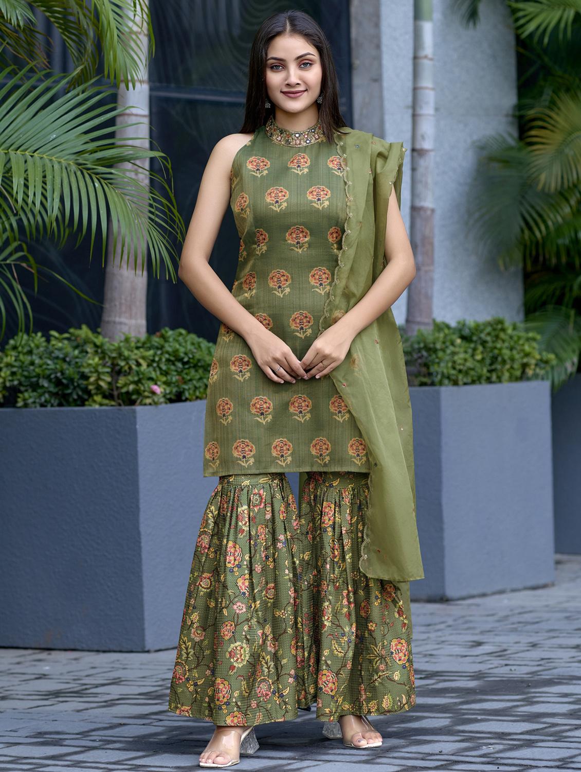 women green floral printed kurta sharara dupatta set - 21920169 - Zoom Image - 0