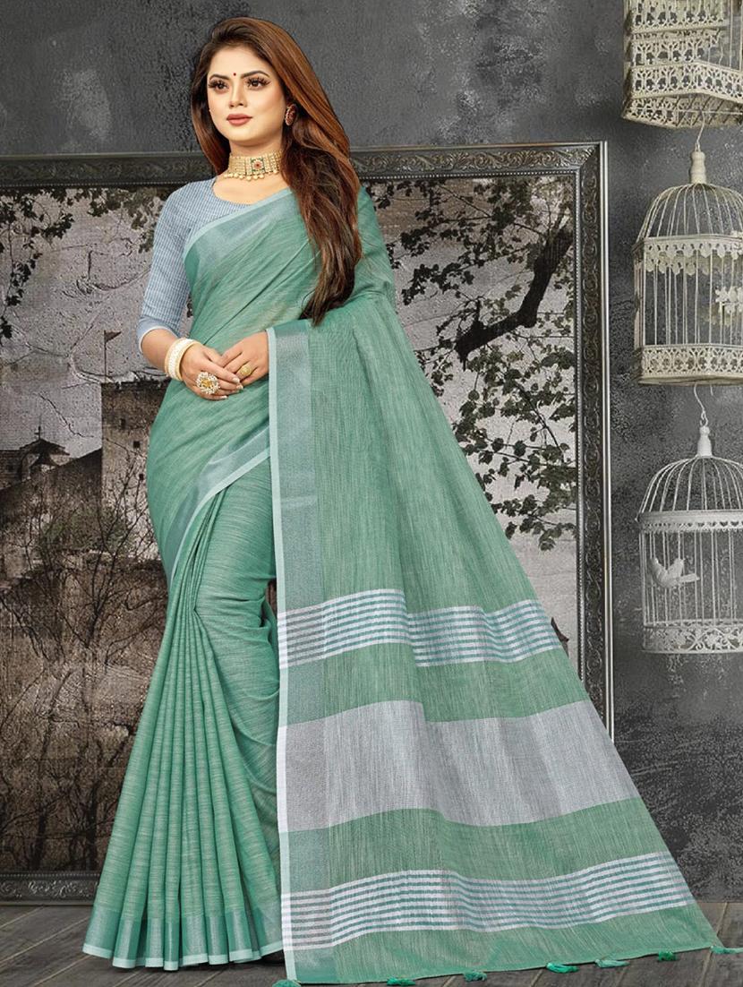 women solid with bordered saree with blouse