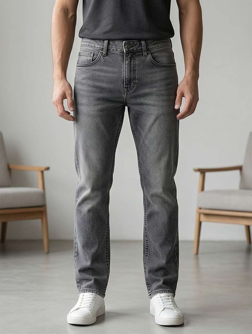 men washed high rise full length tapered jeans