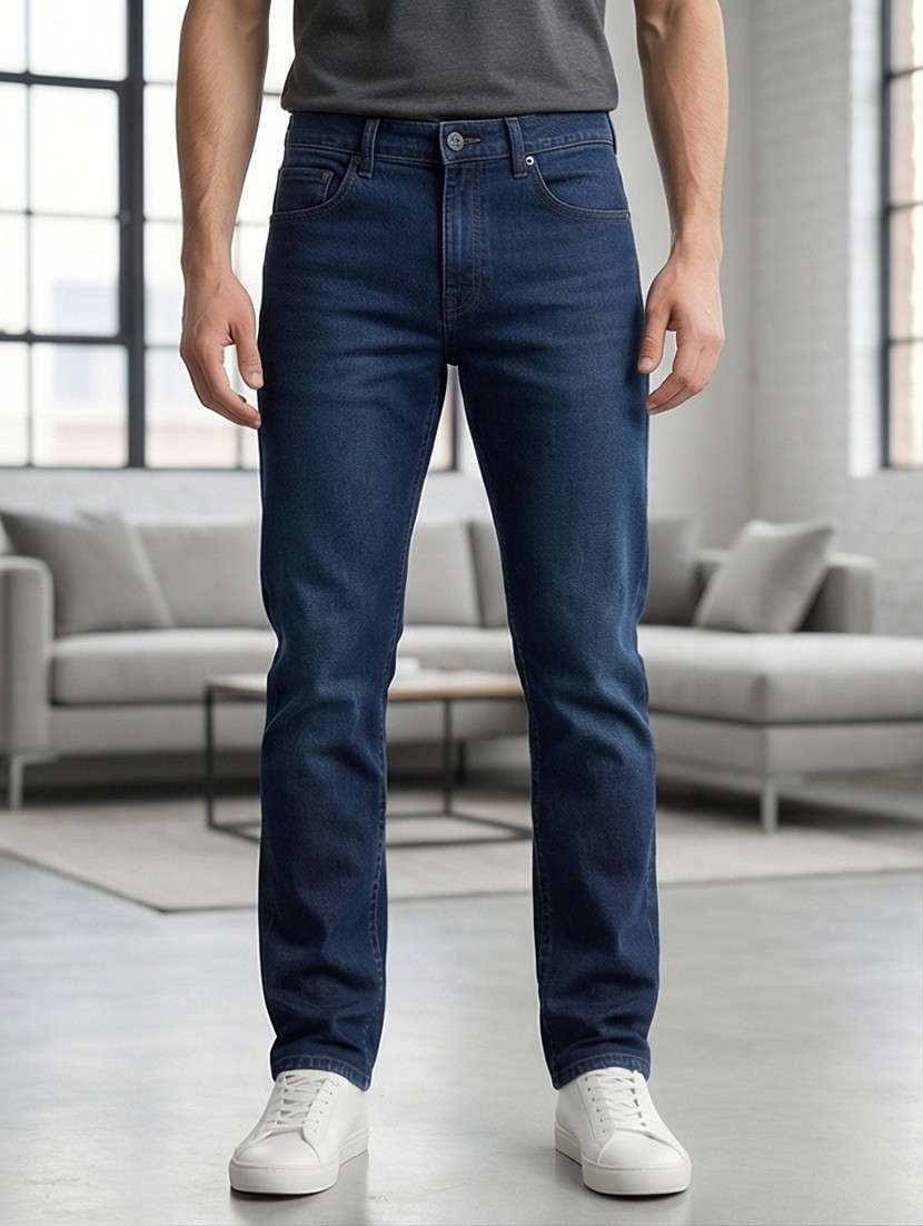 men washed high rise full length tapered jeans