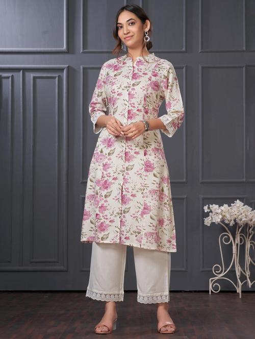 women floral three quarter sleeve kurta palazzo set - 21922350 -  Standard Image - 0
