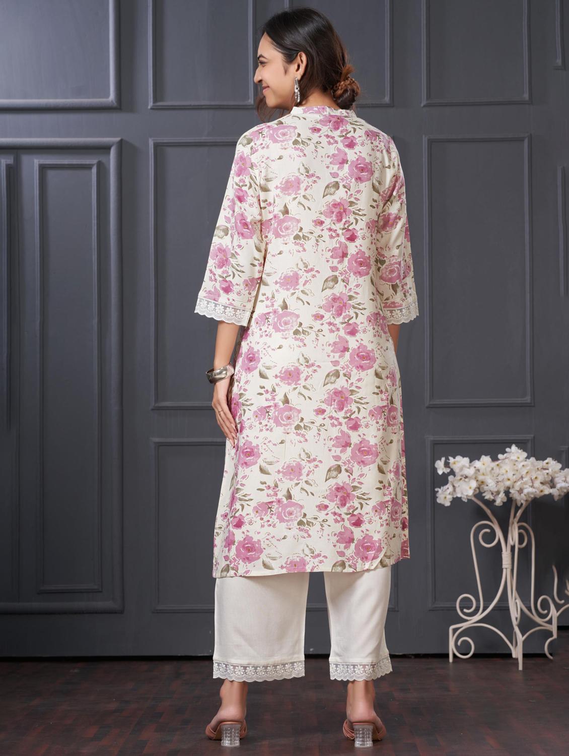 women floral three quarter sleeve kurta palazzo set - 21922350 - Standard Image - 3
