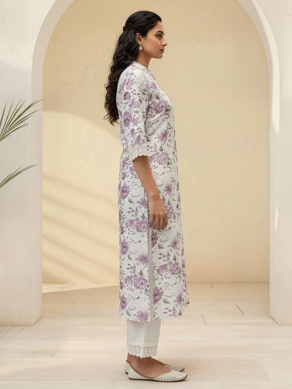 women floral three quarter sleeve kurta palazzo set - 21922350 -  Standard Image - 3