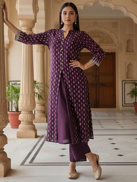 women printed three quarter sleeve kurta palazzo set - 21922356 -  Standard Image - 3