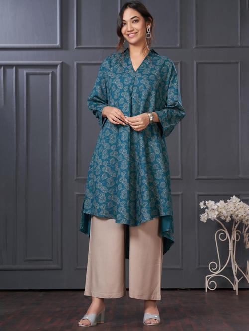 women printed three quarter sleeve kurta palazzo set - 21922358 - Standard Image - 0