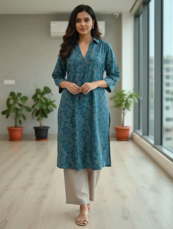 women printed three quarter sleeve kurta palazzo set - 21922358 -  Standard Image - 3