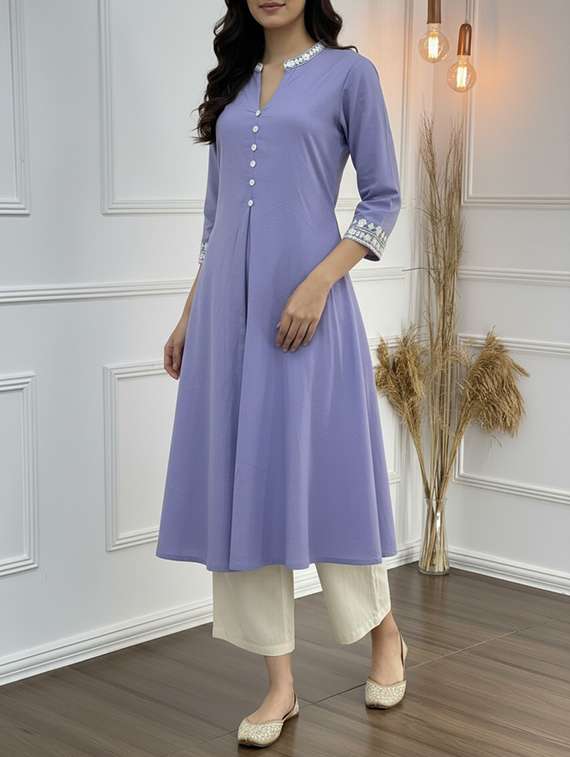 women solid three quarter sleeve kurta palazzo set - 21922361 -  Standard Image - 3