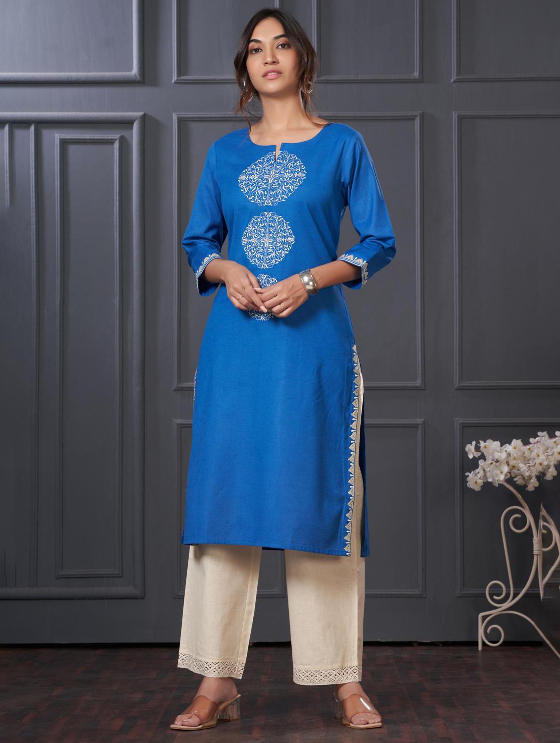 women embroidered three quarter sleeve kurta palazzo set - 21922363 - Zoom Image - 0