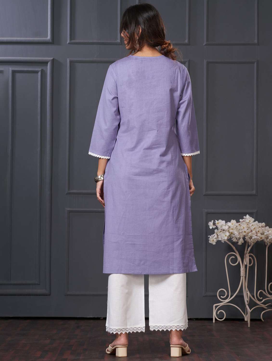 women embroidered three quarter sleeve kurta palazzo set - 21922365 - Standard Image - 3
