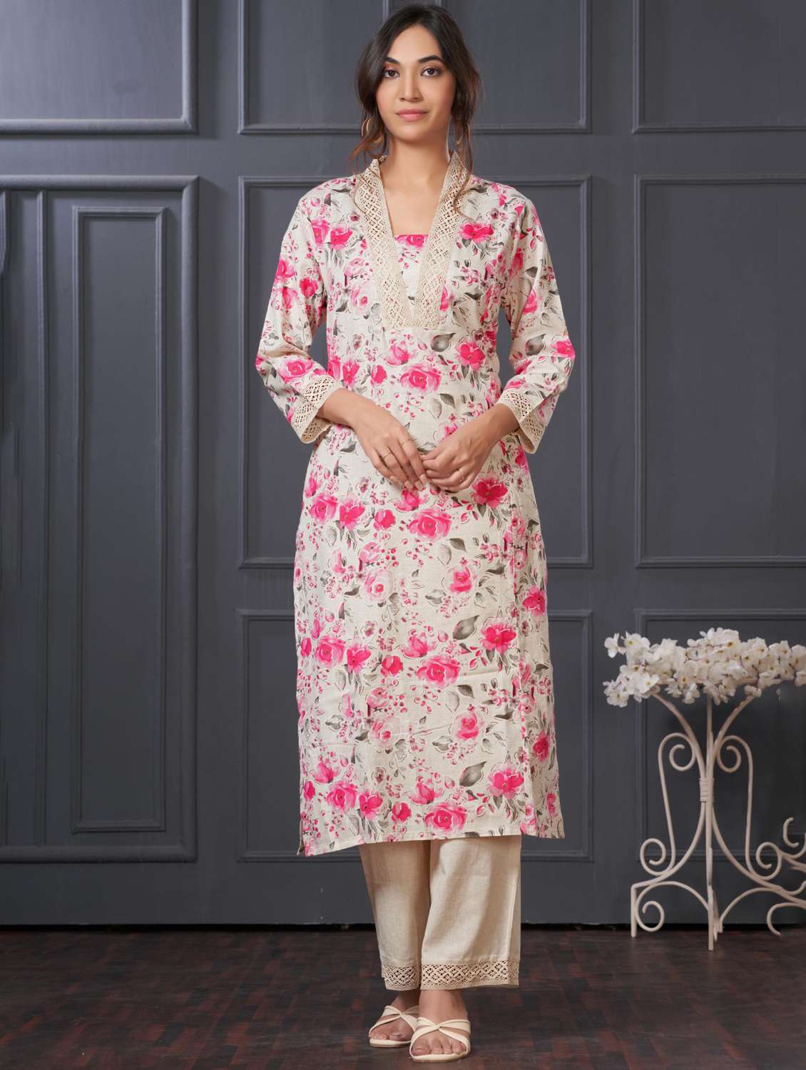 women floral three quarter sleeve kurta palazzo set - 21922366 -  Zoom Image - 0