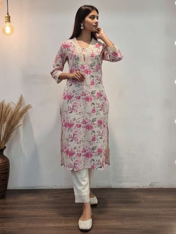 women floral three quarter sleeve kurta palazzo set - 21922366 -  Standard Image - 3