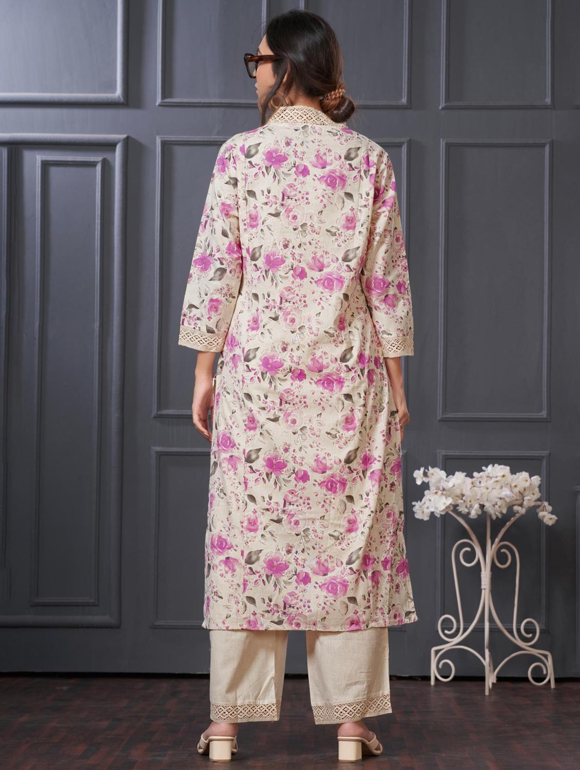 women floral three quarter sleeve kurta palazzo set - 21922367 - Standard Image - 3