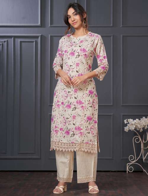 women floral three quarter sleeve kurta palazzo set - 21922369 -  Standard Image - 0