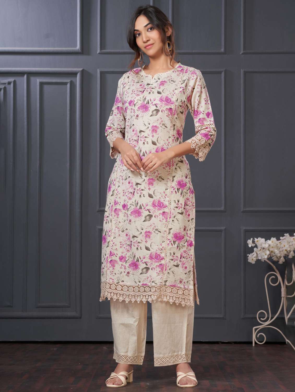 women floral three quarter sleeve kurta palazzo set
