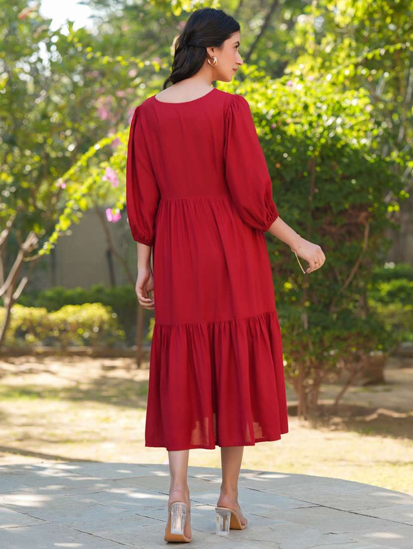 women red solid three quarter sleeve tiered dress - 21922409 -  Standard Image - 3