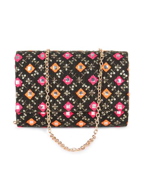 women black embroidered clutch with sling chain
