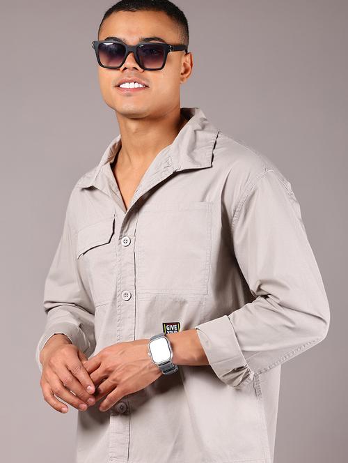 men solid collared long sleeve loose fit shirt - 21922776 - Standard Image - 0
