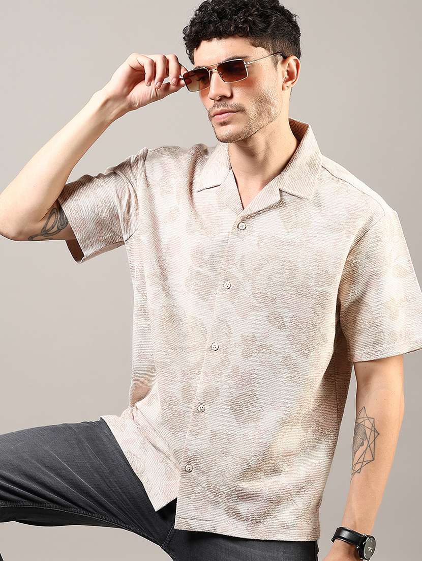 men printed cuban collared long sleeves shirt 
