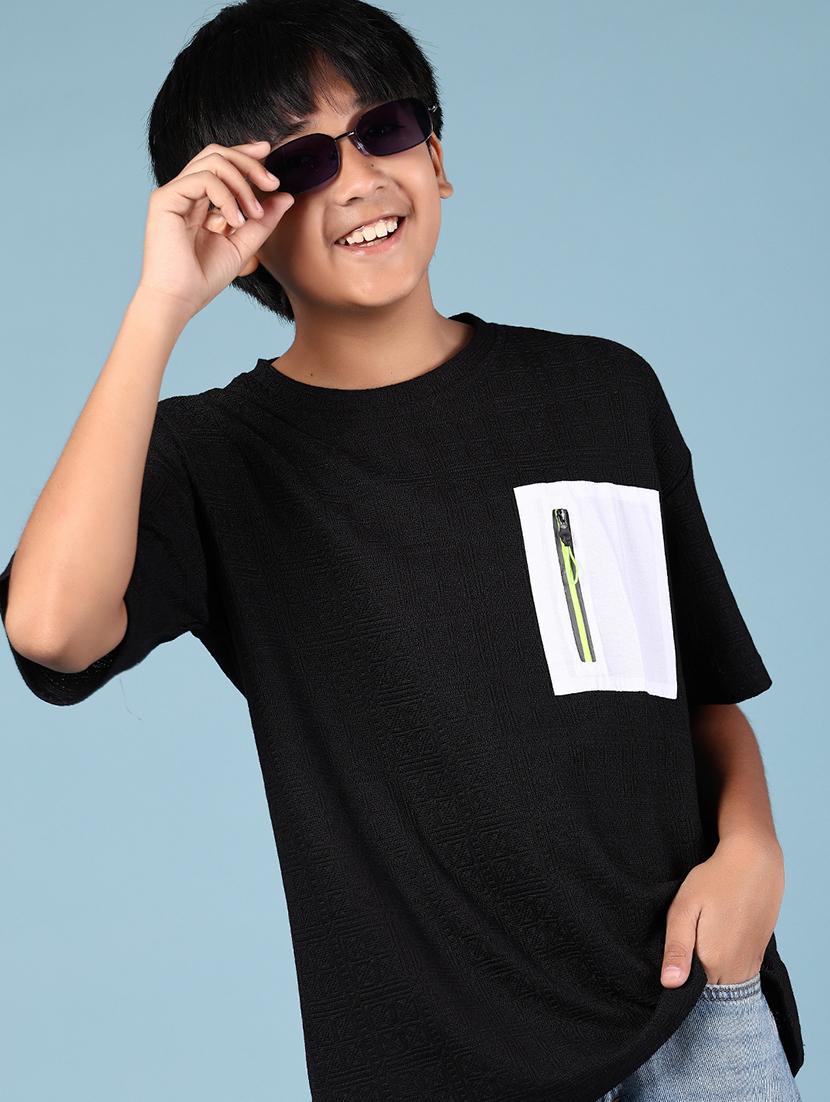 boys black placement print round neck t-shirt - 21923541 -  Zoom Image - 0