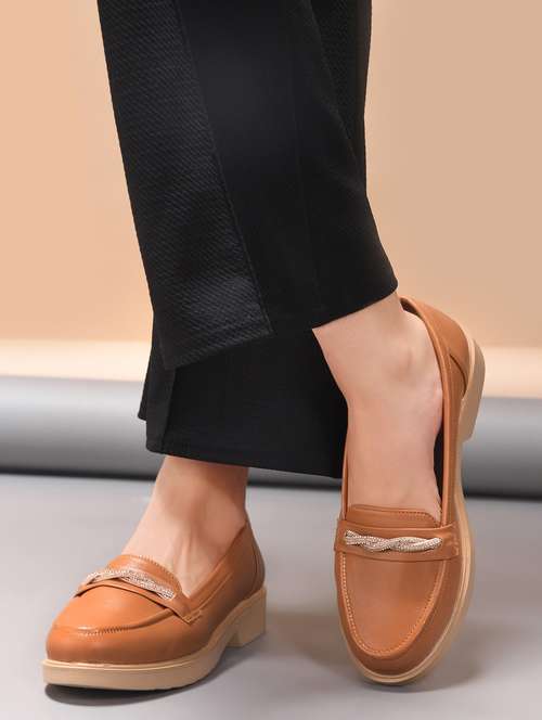 tan synthetic slip on moccasins