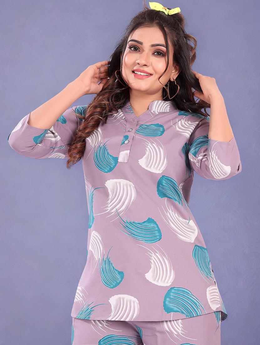 womn printed mandarin neck co-ord set - 21923676 - Zoom Image - 0