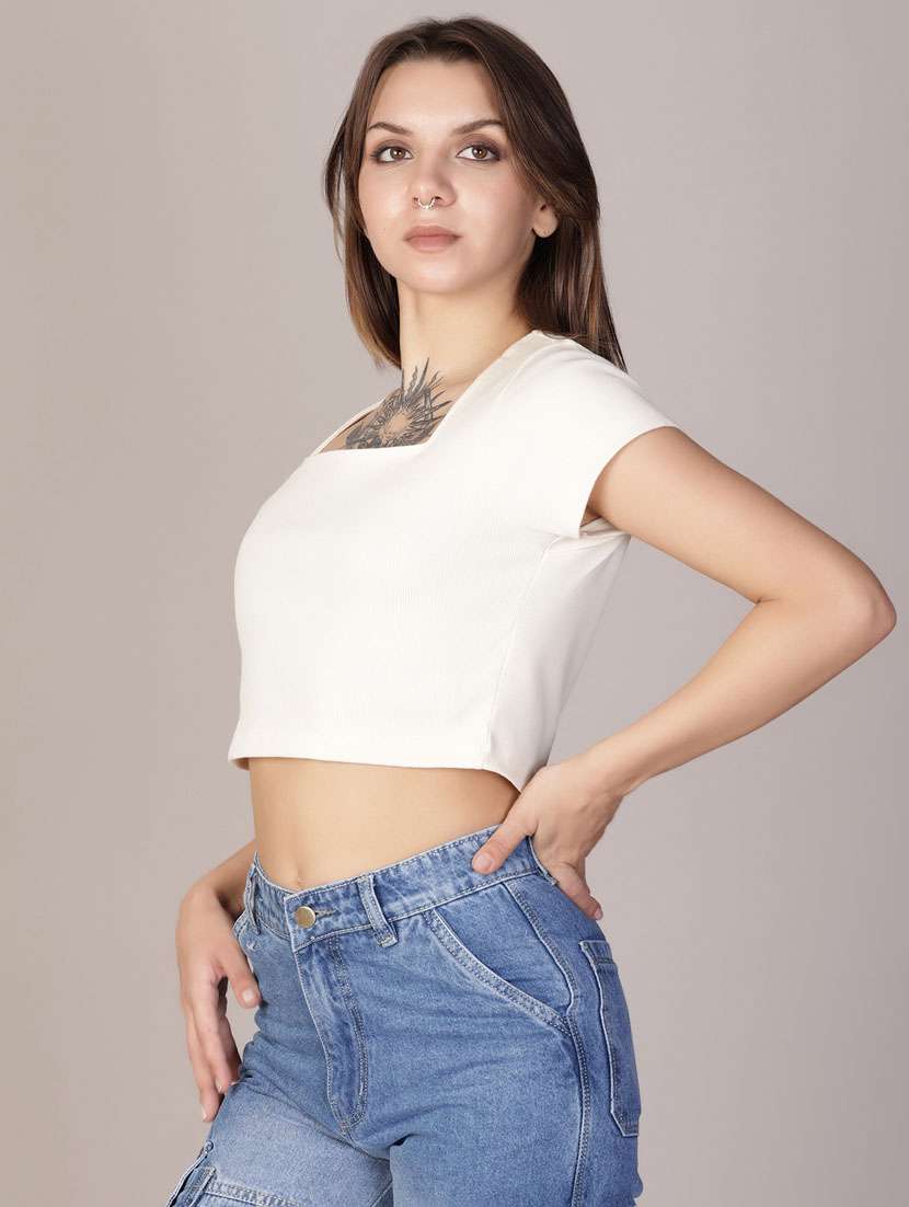 women solid short sleeve crop top