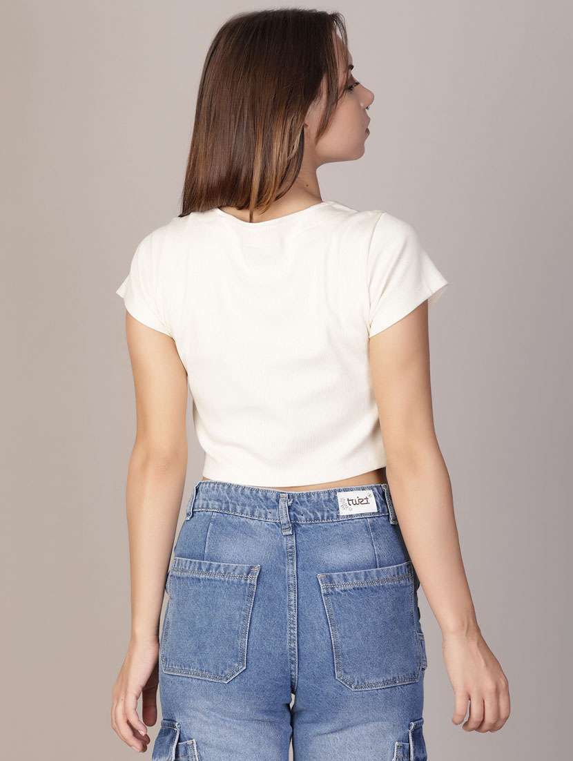 women solid short sleeve crop top - 21923802 -  Standard Image - 3