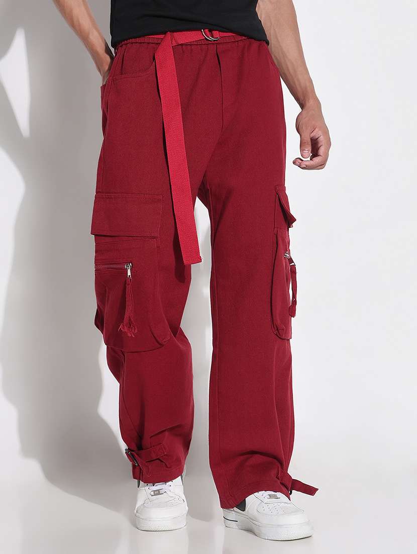 men red solid mid rise baggy cargo