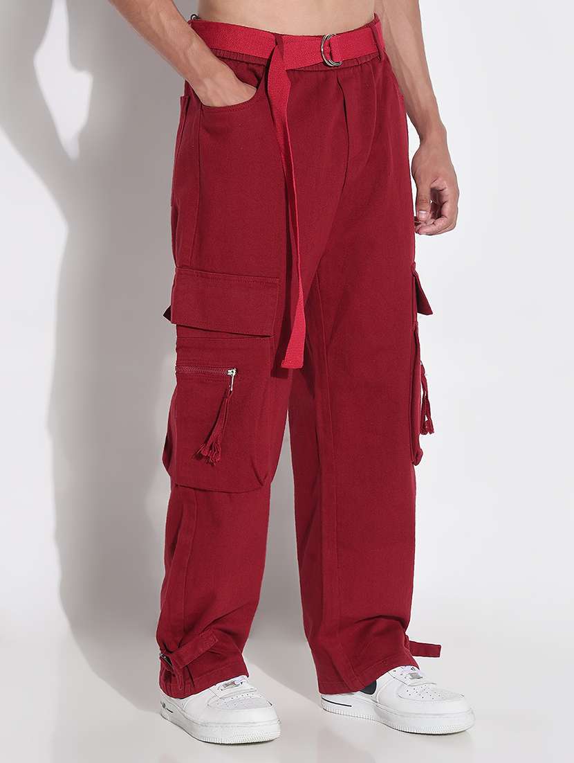 Men Red Solid Mid Rise Baggy Cargo - 21923936 -  Standard Image - 3