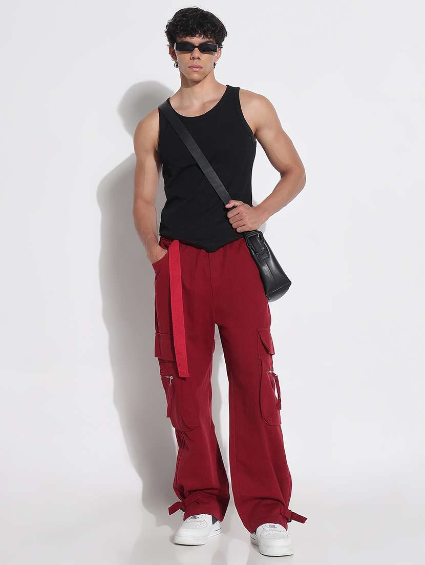 Men Red Solid Mid Rise Baggy Cargo - 21923936 -  Standard Image - 5