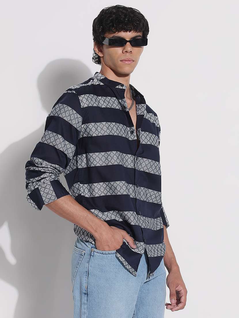 men printed long sleeve mandarin neck casual shirt - 21923961 -  Standard Image - 3