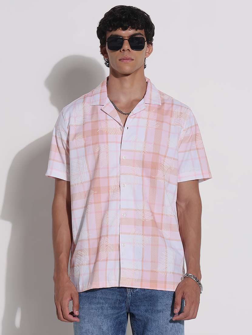 men checkerd cuban collar short sleeve loose fit shirt - 21923976 -  Zoom Image - 0