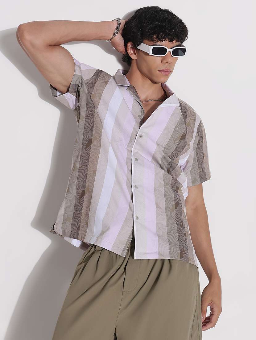 men striped cuban collar short sleeve loose fit shirt