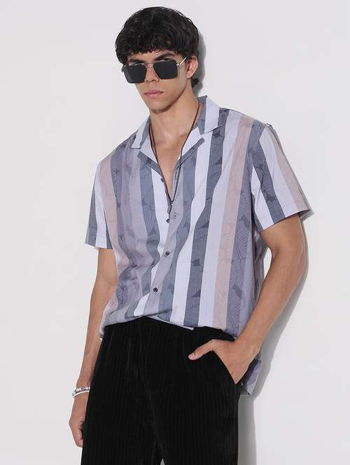 men striped cuban collar short sleeve loose fit shirt - 21923985 -  Standard Image - 0