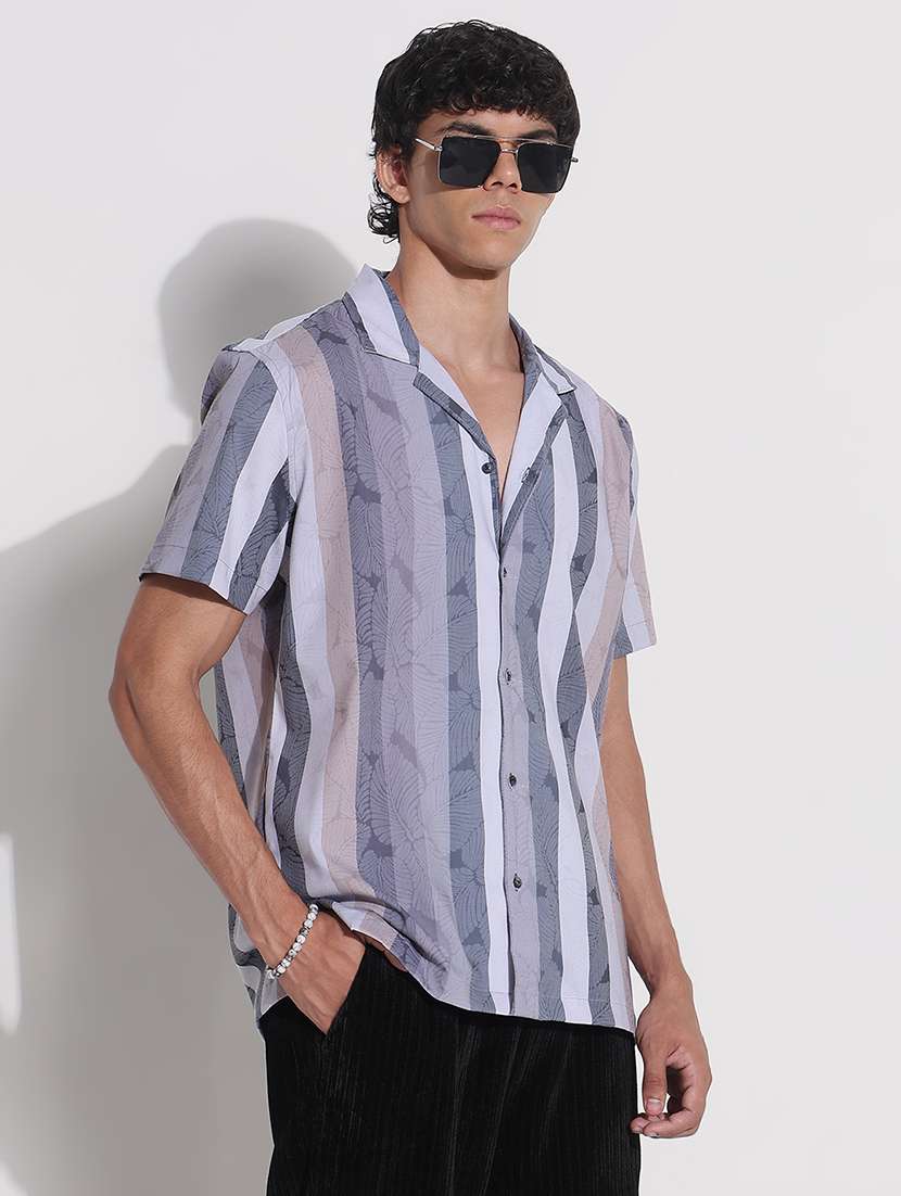 men striped cuban collar short sleeve loose fit shirt - 21923985 -  Standard Image - 3