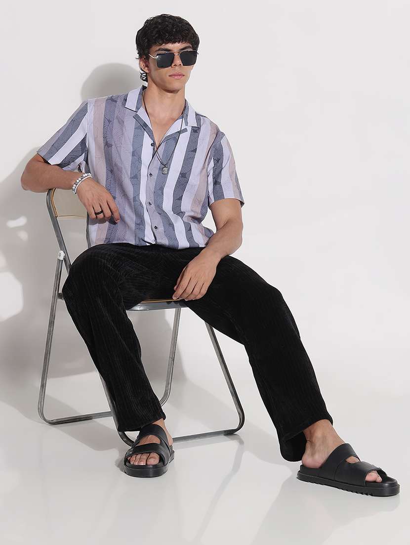 men striped cuban collar short sleeve loose fit shirt - 21923985 -  Standard Image - 5