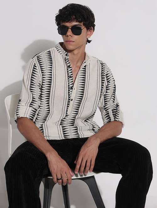 men printed long sleeve mandarin neck casual shirt - 21923993 -  Standard Image - 0