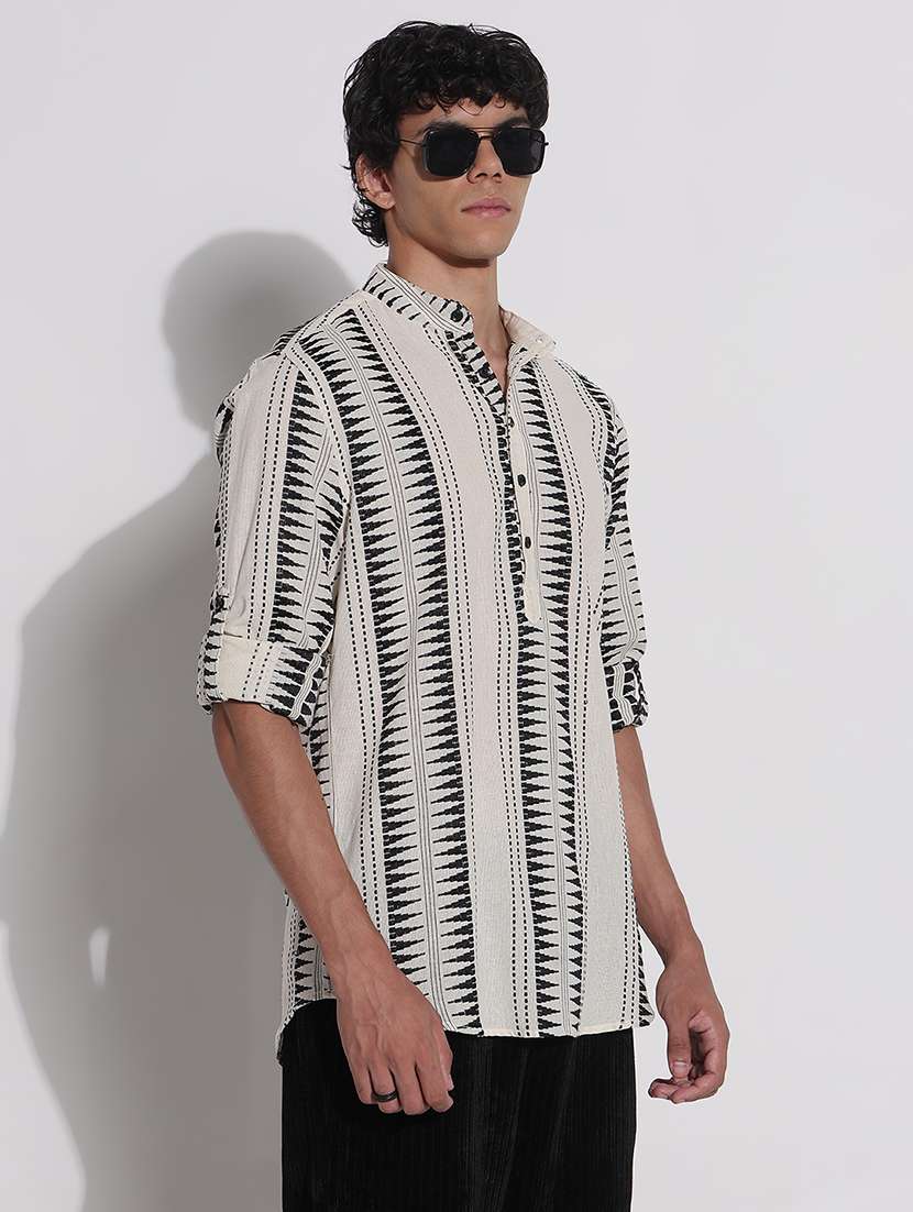 men printed long sleeve mandarin neck casual shirt - 21923993 -  Standard Image - 3