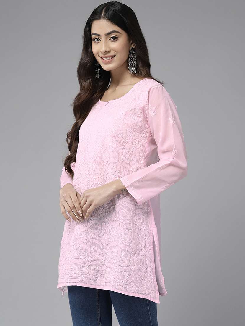 women chikankari long sleeve straight kurti