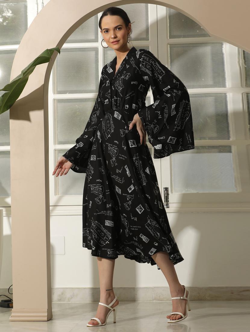 women printed flared sleeve fit & flare dress - 21924893 - Standard Image - 3