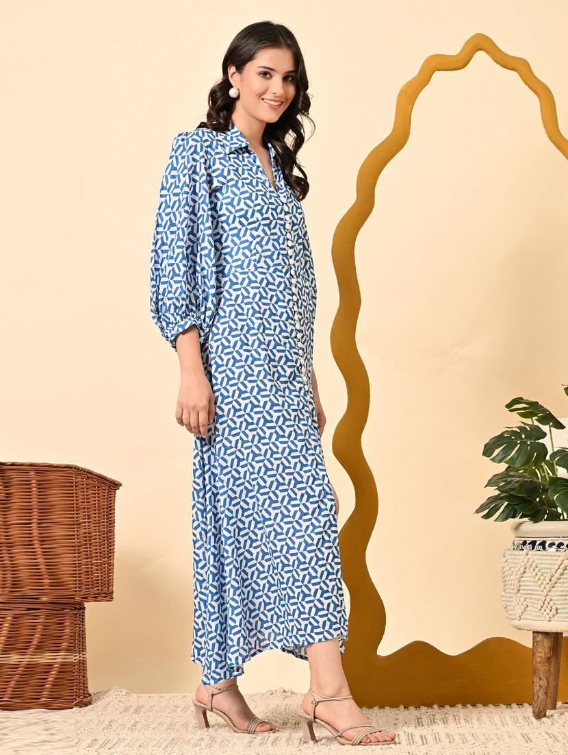 women printed collared puff sleeve a-line dress - 21924902 - Standard Image - 3