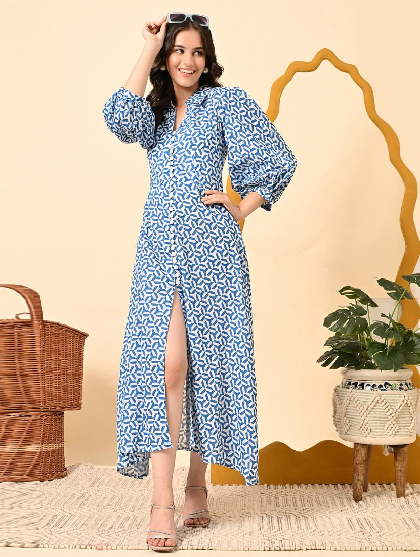 women printed collared puff sleeve a-line dress - 21924902 - Standard Image - 5