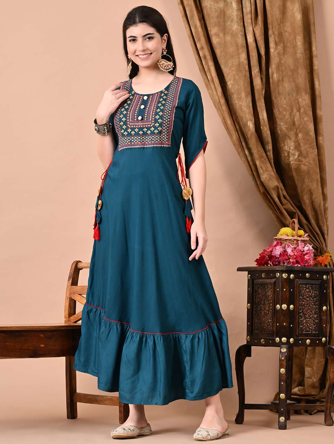 women embroidered three quarter sleeve ethnic dress