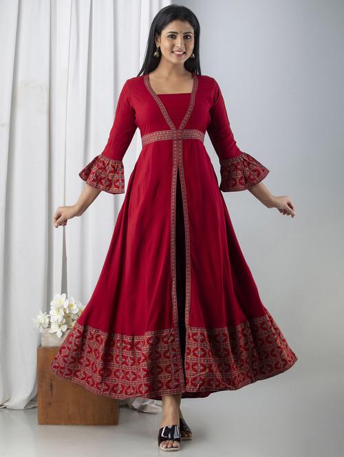 women foil printed bell sleeve front slit kurta - 21924922 - Standard Image - 0