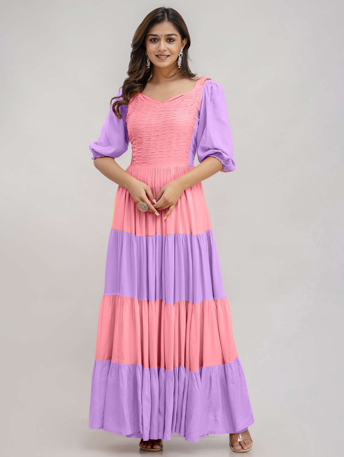 women color block puff sleeve tiered ethnic dress