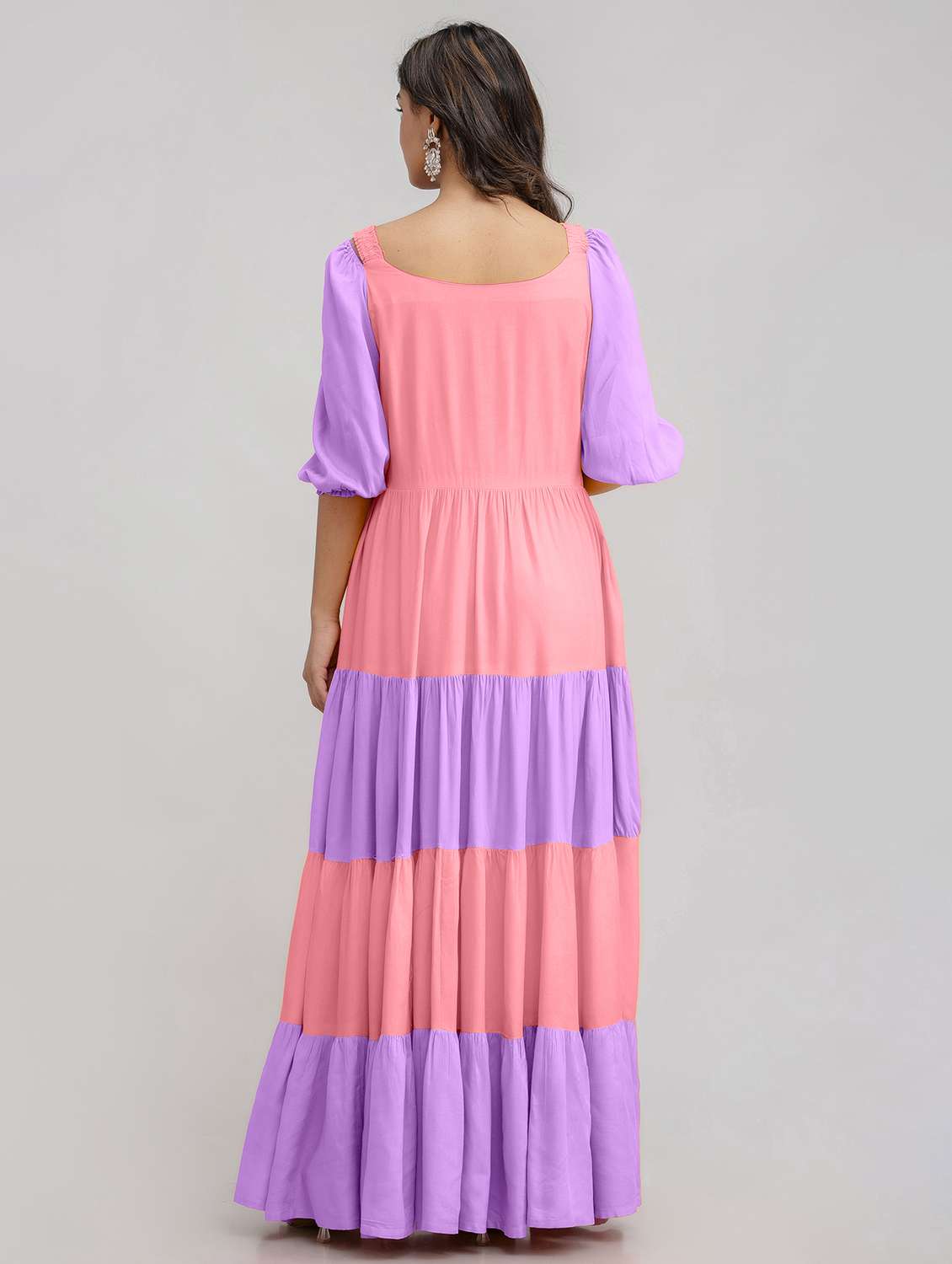 women color block puff sleeve tiered ethnic dress - 21924926 - Standard Image - 3