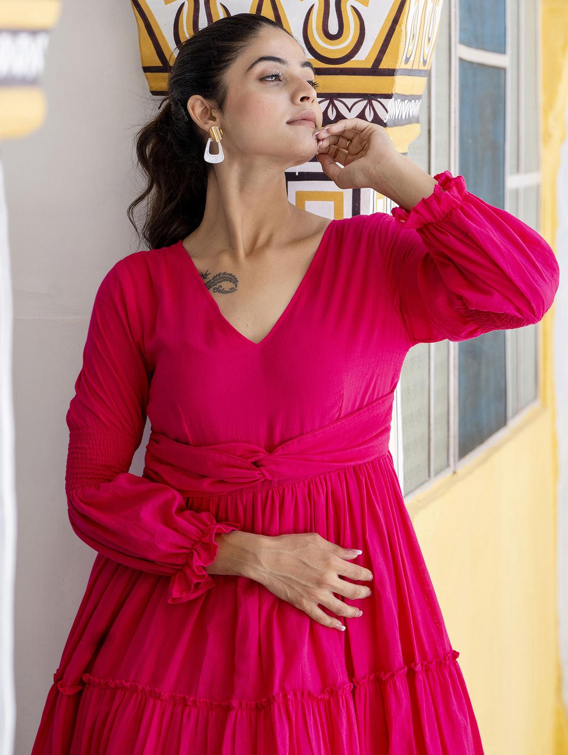 women pink solid long sleeve tiered dress - 21924928 - Standard Image - 5