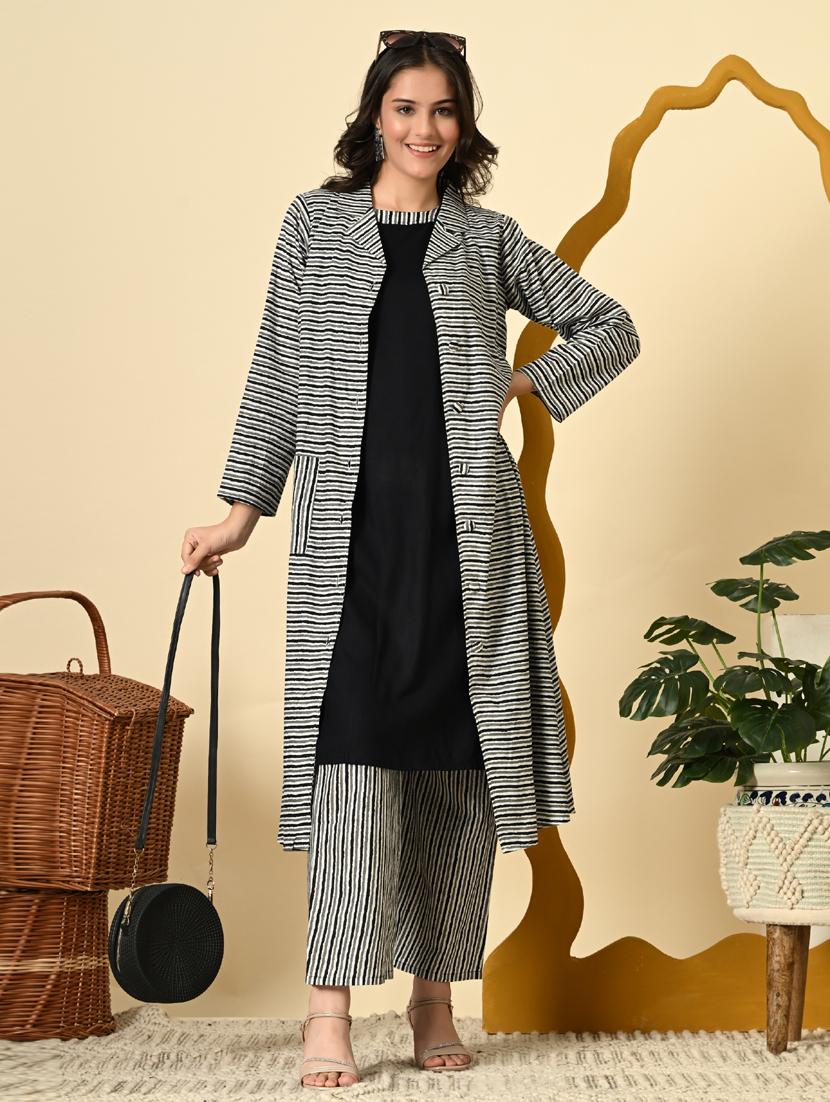 women black striped long sleeve kurta pant set - 21924977 - Zoom Image - 0