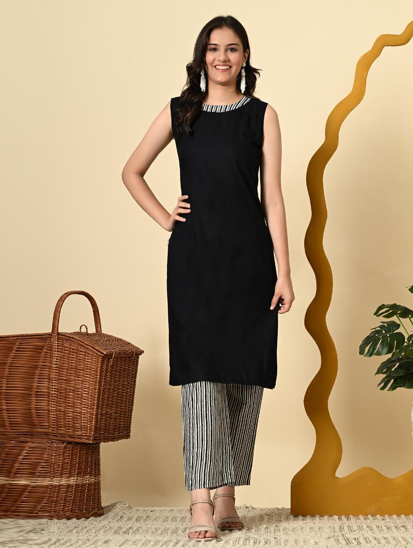 women black striped long sleeve kurta pant set - 21924977 - Standard Image - 5
