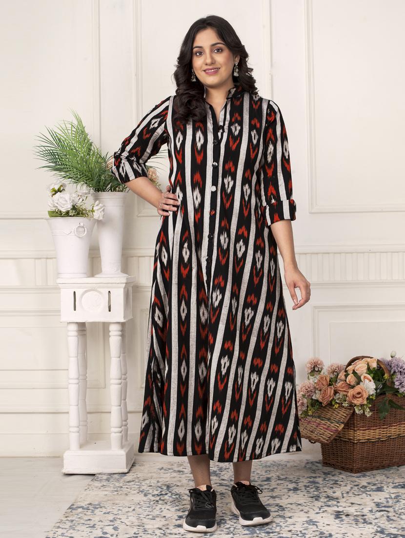 women black ikat three quarter sleeve ethnic dress - 21924979 - Zoom Image - 0